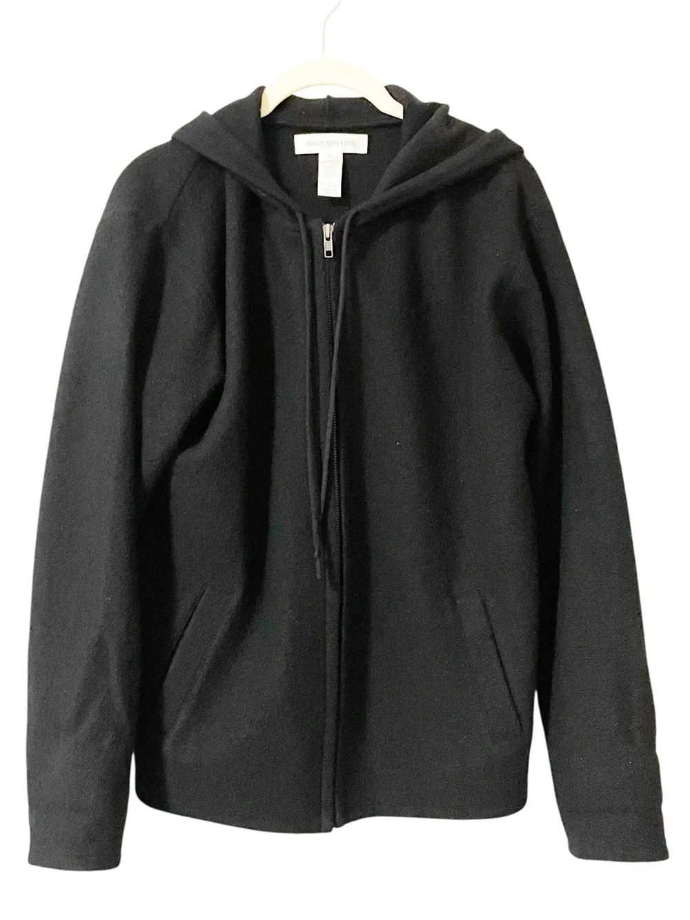 Jones New York Black Zip Hoodie Sweatshirt Full Zip Small Merino Wool Vintage
